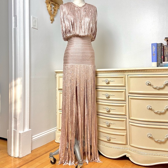 💔SOLD $2,350 Hervé Léger Selena Gold Fringe Gown - Picture 5 of 14